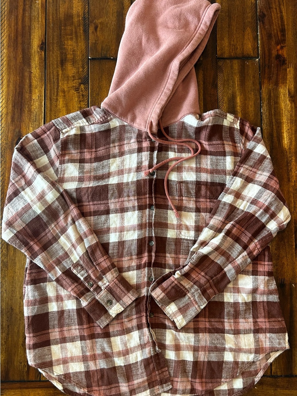 American Eagle Plaid Flannel Button-Up with Dusty Rose Hoodie